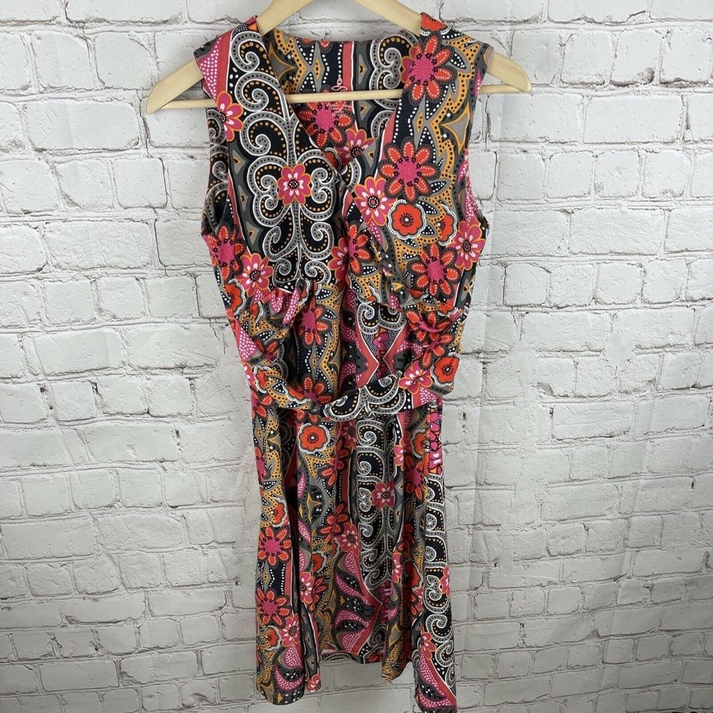Prana Women's Twist Faux Wrap Dress Paisley Berry Garden Print Belted Sz Medium